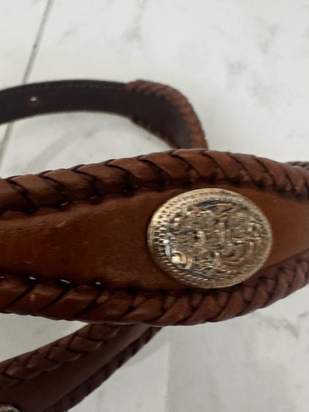 Tony Lama Braided Brown Leather Belt with Silver Conchos 34”